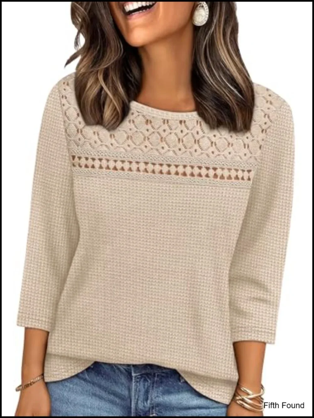 3/4 Length Sleeve Blouse Dressy Casual Lace Waffle Knit Top